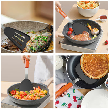 GEEKHOM Silicone Spatula Turner Set, 4pcs, 600°F Heat Resistant, Nonstick, BPA Free, Black