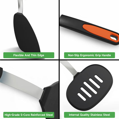 GEEKHOM Silicone Spatula Turner Set, 4pcs, 600°F Heat Resistant, Nonstick, BPA Free, Black