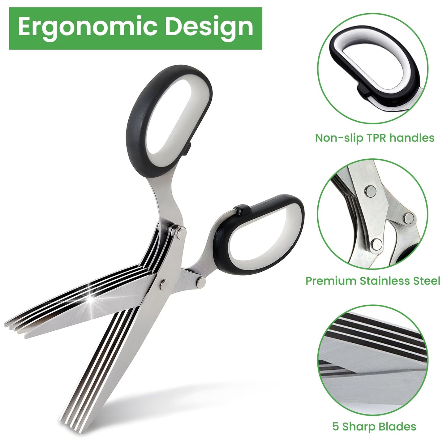 GEEKHOM Herb Scissors, 5 Blades, Stainless Steel, Safety Cover, Cleaning Comb, for Vegetables