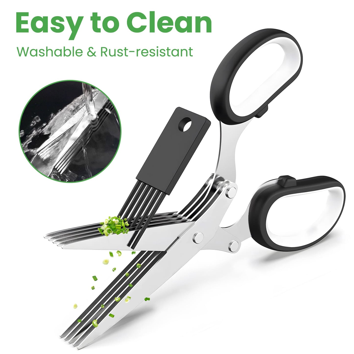 GEEKHOM Herb Scissors, 5 Blades, Stainless Steel, Safety Cover, Cleaning Comb, for Vegetables
