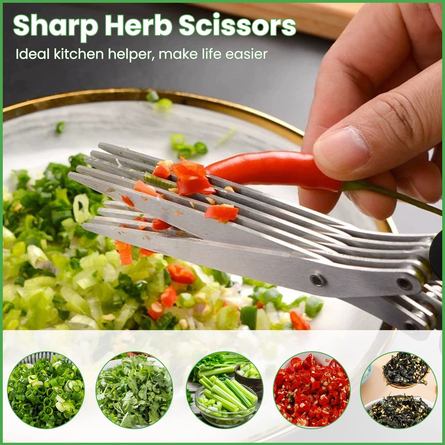 GEEKHOM Herb Scissors, 5 Blades, Stainless Steel, Safety Cover, Cleaning Comb, for Vegetables