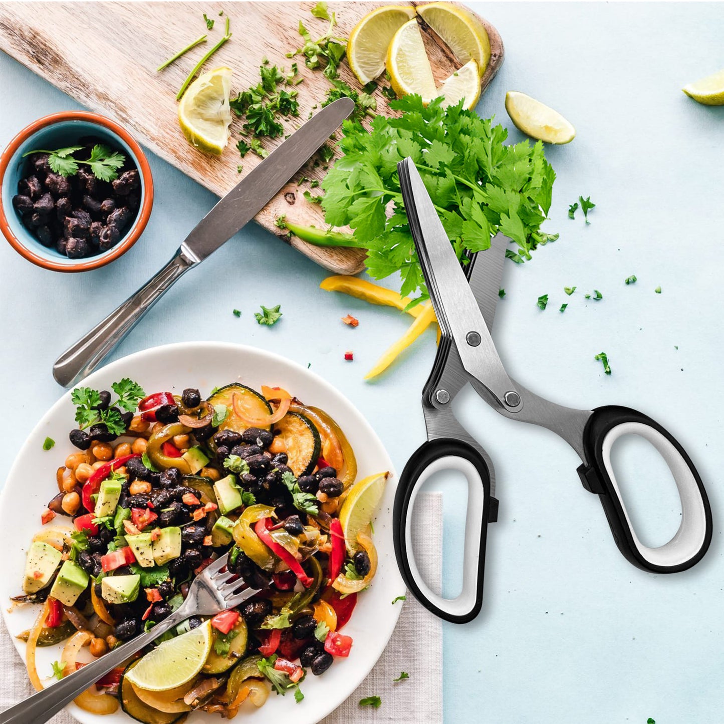 GEEKHOM Herb Scissors, 5 Blades, Stainless Steel, Safety Cover, Cleaning Comb, for Vegetables