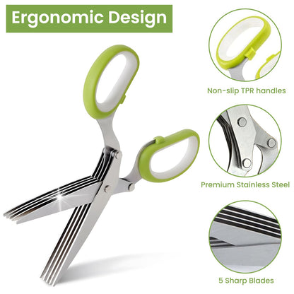 GEEKHOM Herb Scissors, 5 Blades, Stainless Steel, Safety Cover, Cleaning Comb, for Vegetables